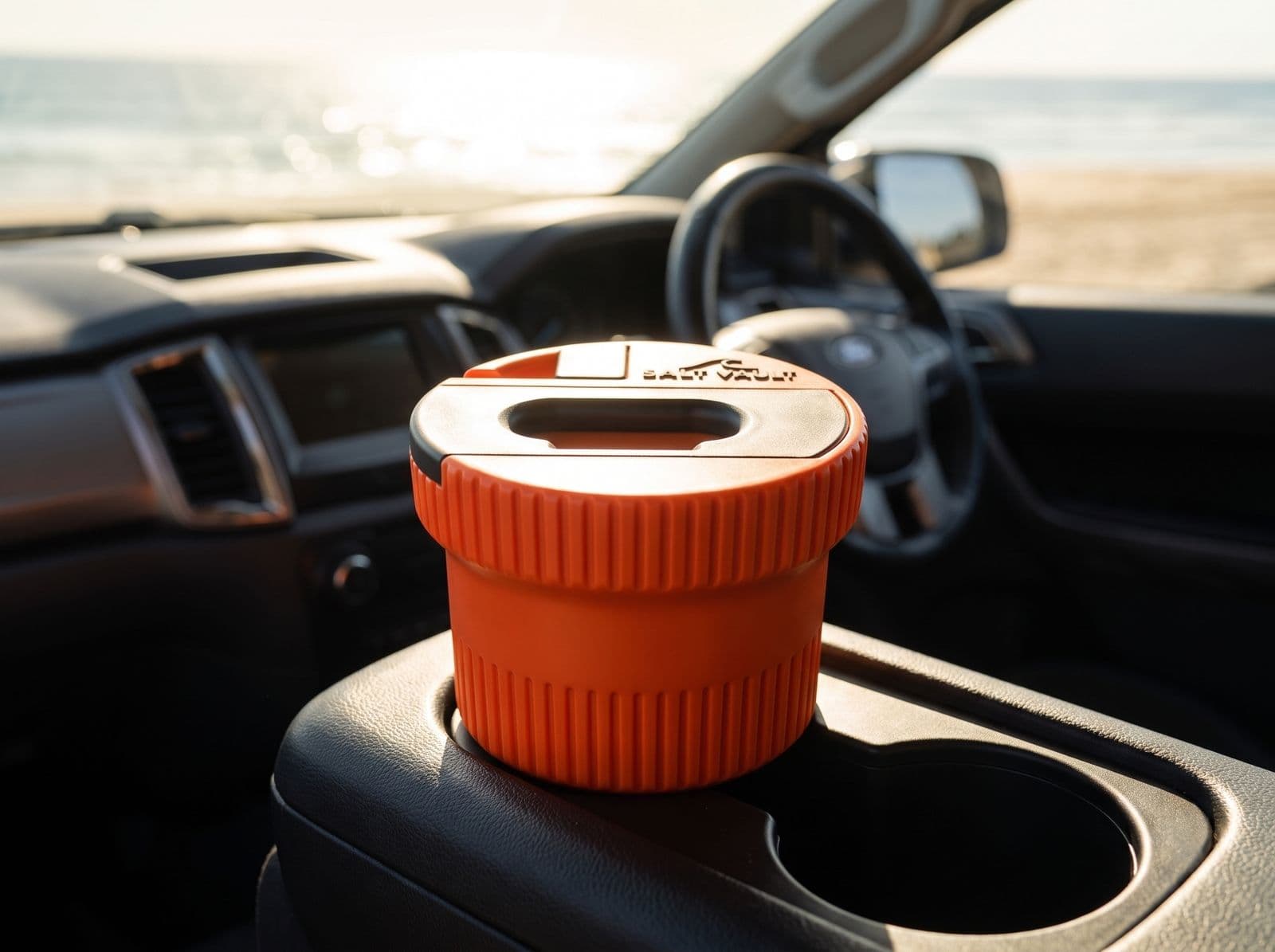 Salt Vault in Rescue Orange sitting in a car's centre console cupholder with harsh summer sun streaming through the windscreen